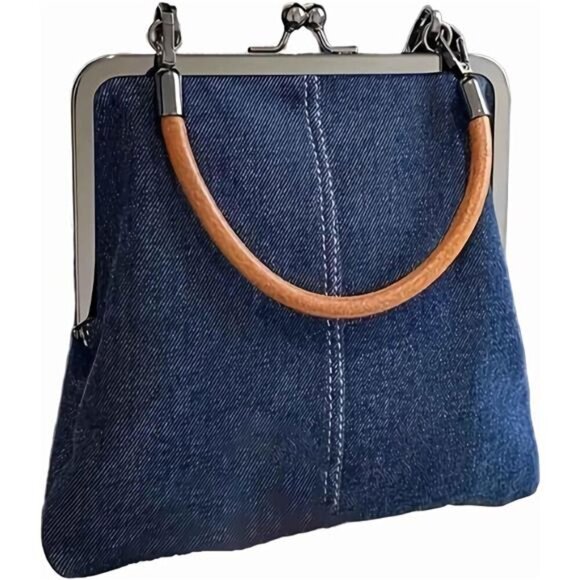 Handbags - Denim Crossbody Tote Bags For Women, Mini Blue Denim Totebag Kiss Lock Purses